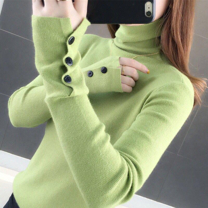 Pofulove Women Turtleneck sweater button warm Knitted Pullover Sweater Tops Pull Femme Jumper Winter