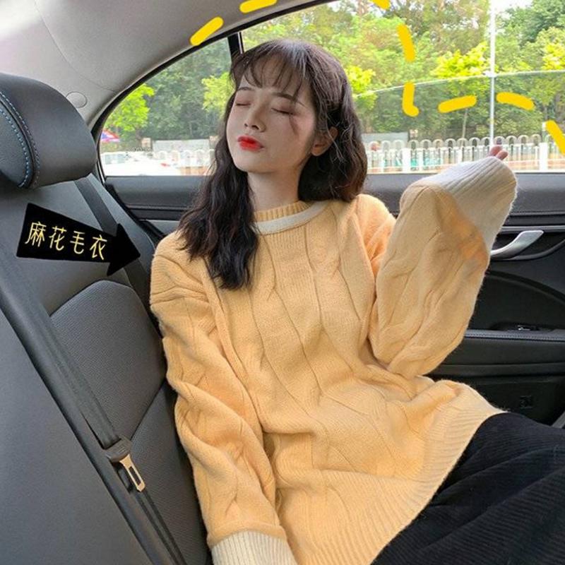 Pofulove loose sweet stitching knitted long-sleeved shirt women Candy color cute sweater women