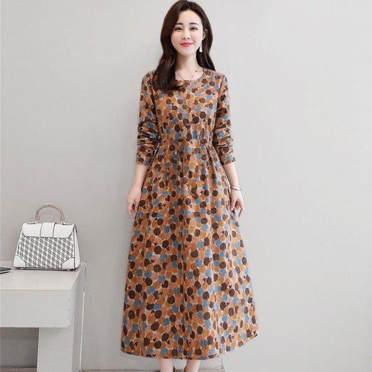 Cotton Long-sleeved Dress Women's Plus Size Women's Mother's Clothing Mid-length Slim Print Casual Long Skirt