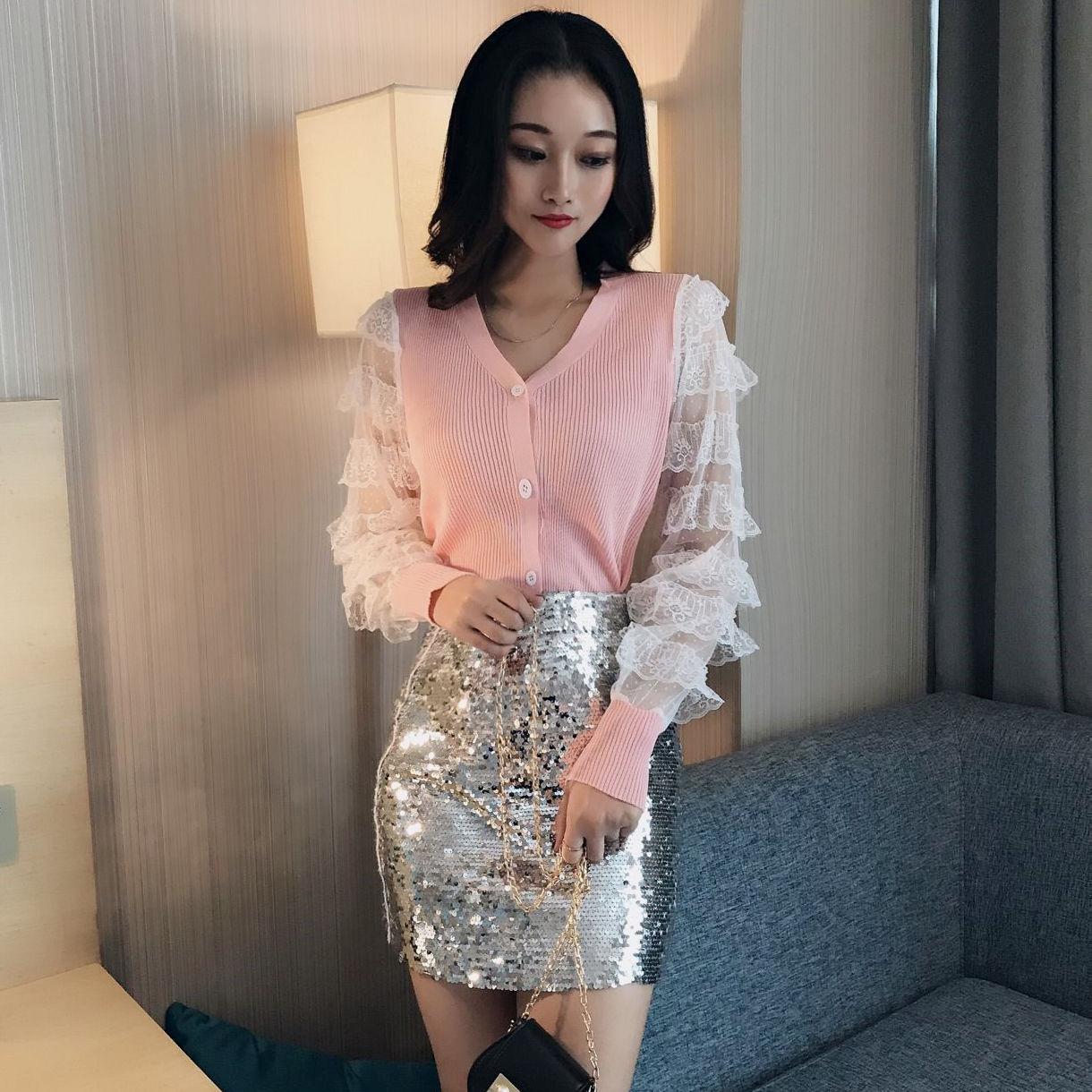 Pofulove Crew Neck Lace Cuffs Base Knitwear Chic Skin-friendly High Elastic Button Jumper Sweater