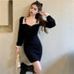 Girl Retro Elegant Temperament Waist Was Thinner Shoulder Lace Knitted Dress Autumn  Winter