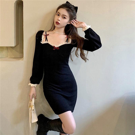 Girl Retro Elegant Temperament Waist Was Thinner Shoulder Lace Knitted Dress Autumn  Winter