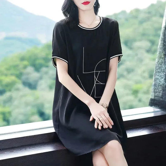 Cotton Mid-length Dress Women Loose Plus Size Summer T-shirt Skirt All-match Black Round Neck Short Sleeve Dress