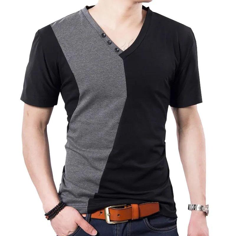 Short-sleeved Men's T-shirt Slim Fit Plus Fat Plus Size Men's Trend Stitching Contrast Color Loose Half-sleeve V-neck
