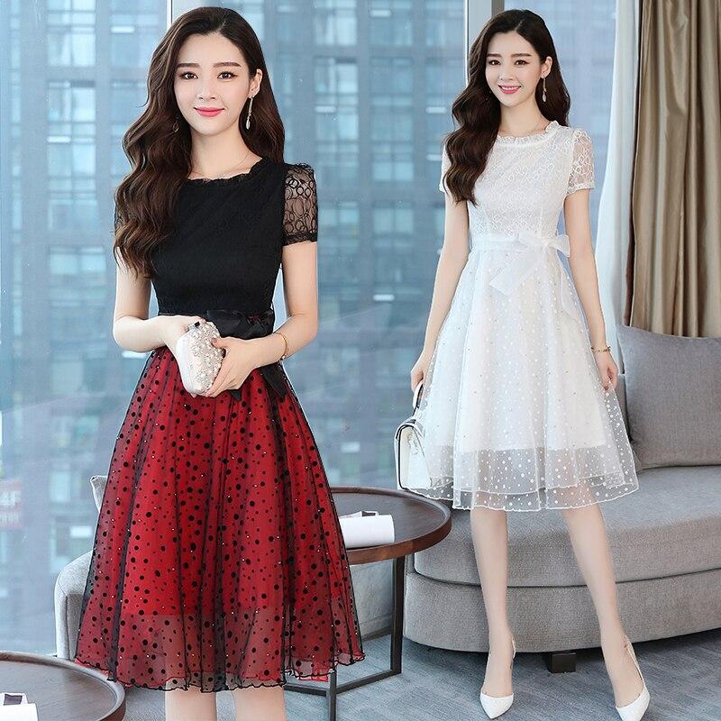 Summer Black Red White Lace Sexy Evening Sun Dress Hollow Out O-neck Ladies Party Club Dress