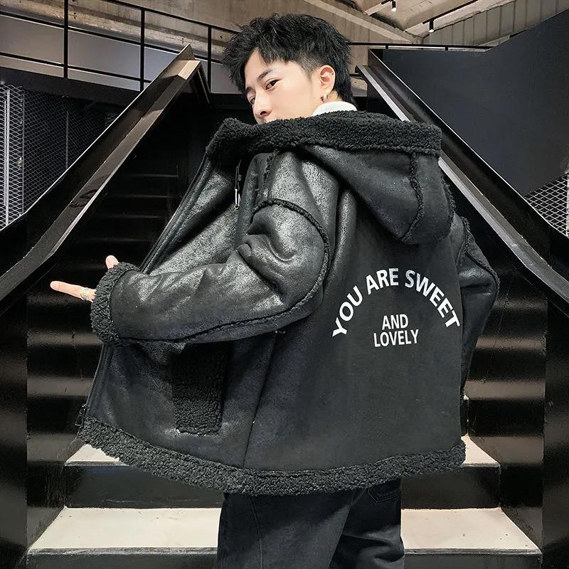 Men's Hooded Plus Velvet Padded Coat Trendy Loose Deerskin Fleece Jacket Winter Jacket