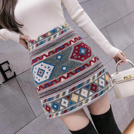 Autumn and Winter Retro National Style Short Skirt High Waist Skirt Christmas Wind Wild Bag Hip A Word Skirt