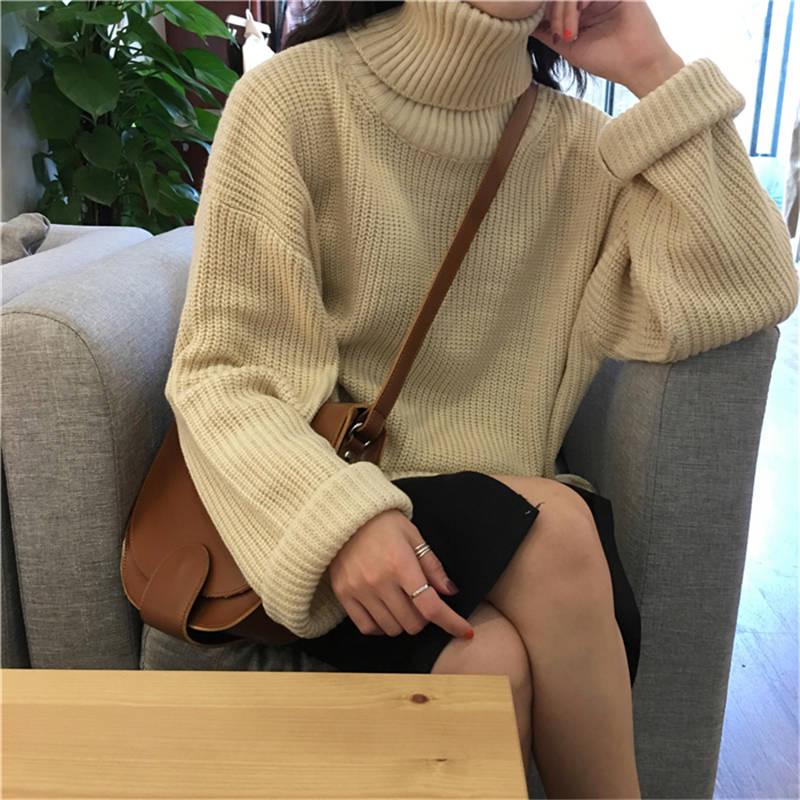 Pofulove Thick Turtleneck Sweater Women Autumn Winter Students Loose Solid Color Long-sleeved Coat