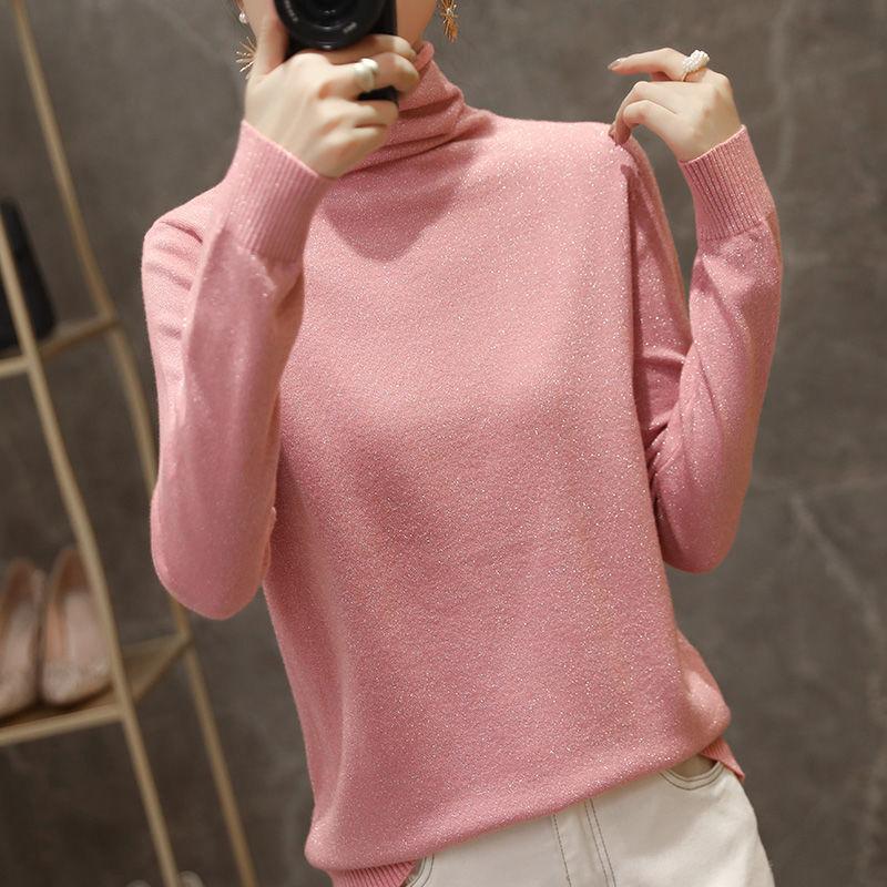 Women Solid Shiny Lurex Sweaters Autumn Winter ladies Long Sleeve Pullover Tops Heaps Collar knit Sweater