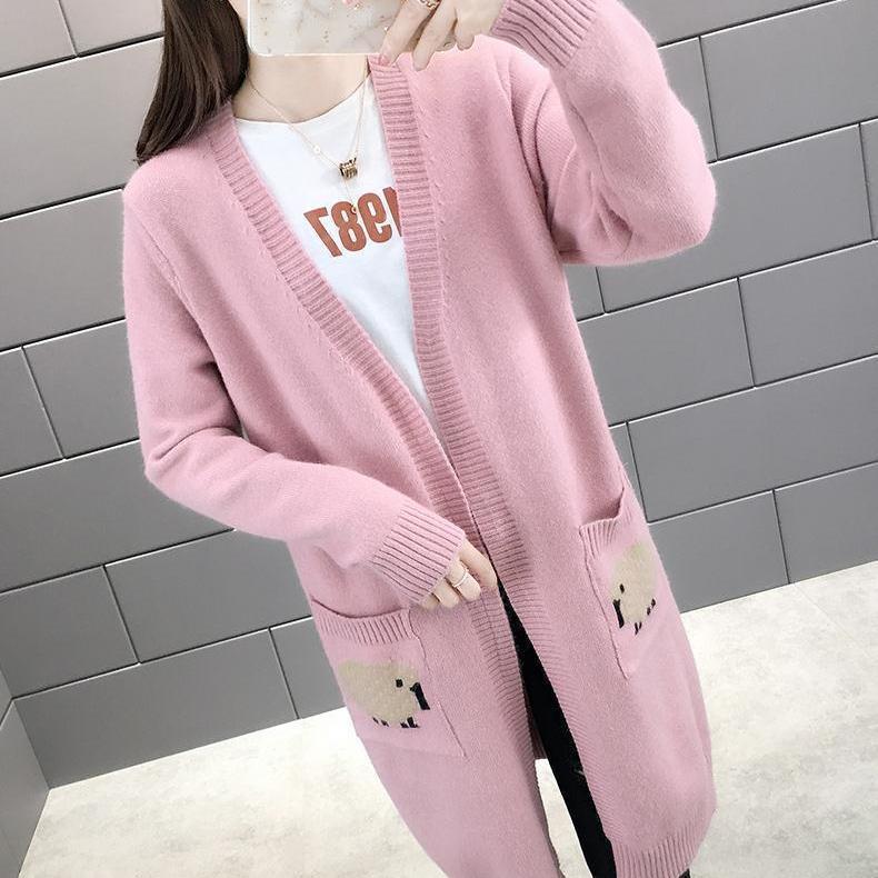 Fashion Coat Autumn and Winter Mid-length Pocket Sweater Solid Color Long-sleeved Loose Cardigan