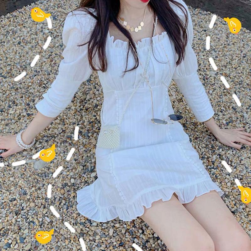 White Sexy Women's Summer Dress Ruffle Knee-length Daily Wear Office Dating Party