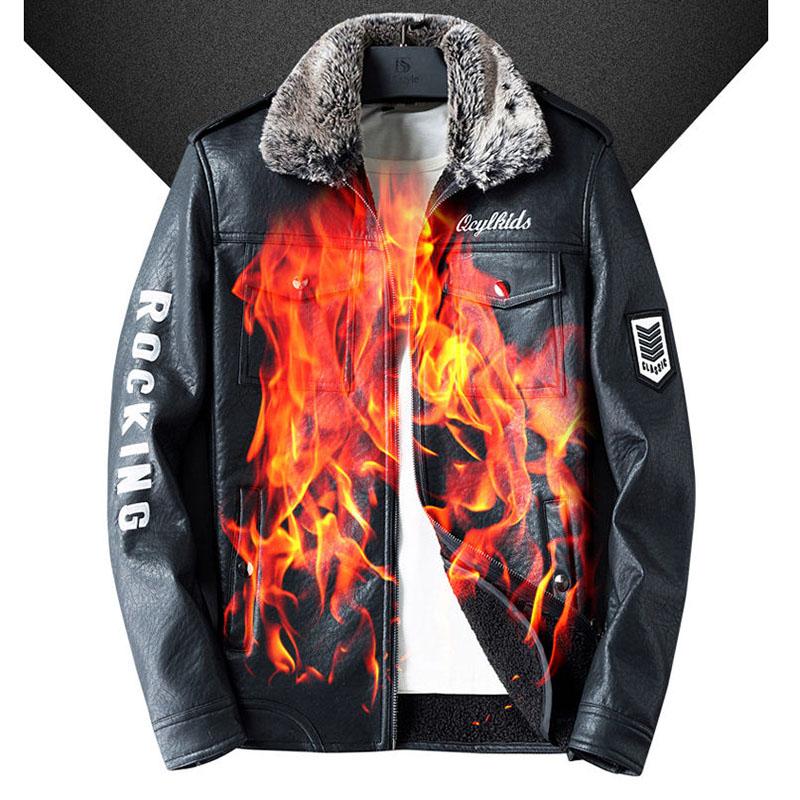 Winter Men's Leather Locomotive Lapel Korean Version of Self-cultivation Plus Velvet Warm Fur One Youth PU Coat Leather Jacket