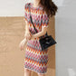 Sweet Colorful Diamond-shaped Dress Women's Round Neck Thin Mid-length Bag Hip Straight Dress Summer Loose Geometric Printing Dress