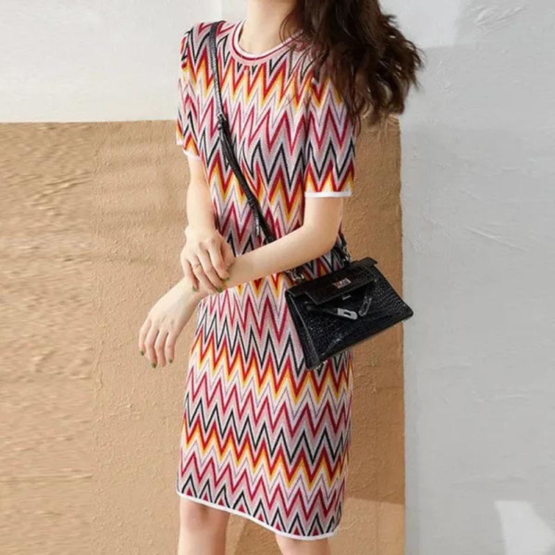 Sweet Colorful Diamond-shaped Dress Women's Round Neck Thin Mid-length Bag Hip Straight Dress Summer Loose Geometric Printing Dress