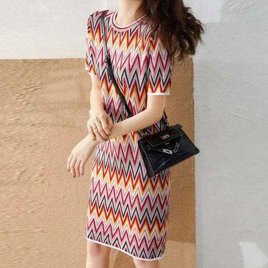 Sweet Colorful Diamond-shaped Dress Women's Round Neck Thin Mid-length Bag Hip Straight Dress Summer Loose Geometric Printing Dress