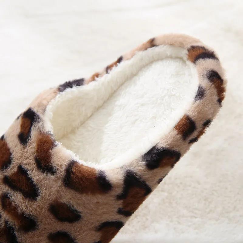 Women Autumn Winter Indoor Slippers Warm Plush Home Leopard Print Slipper Female Household Flat Floor Soft Slient Slippers for Bedroom