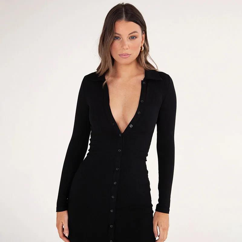 Women's Party Dress Button Knit Dress Autumn and Winter Slim Long-sleeved Long Skirt and Ankle V-neck Tight-fitting Sexy Dress Ladies Split Hem