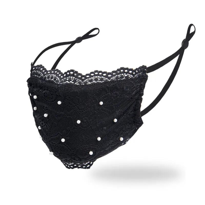 Women's Pearl Lace Masks Dustproof UV-proof Breathable Washable Thin Masks Adjustable Earloop Adult Windproof Facial Nose Face Mouse Masks