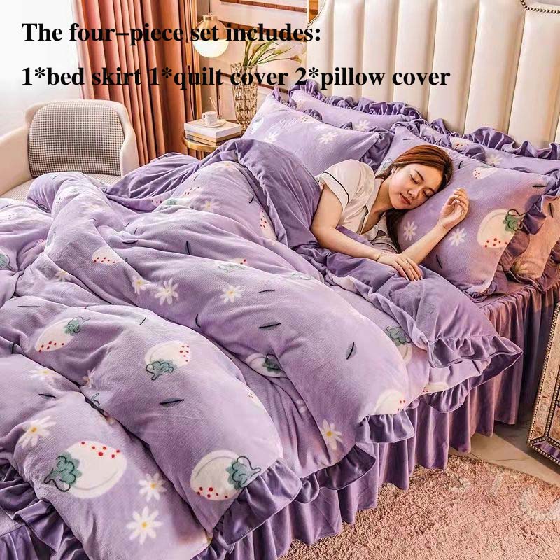 Thick Milk Velvet Four-piece Bed Skirt Quilt Cover Pillowcase Plus Velvet Warm Double-sided Quilt Cover Bedding Set