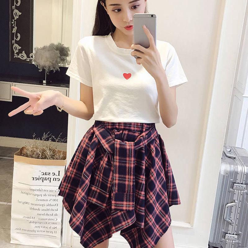 Spring and Summer Fashion Solid Color Suit Skirt Women's Short-sleeved T-shirt High Waist Irregular Plaid Skirt Two Pieces