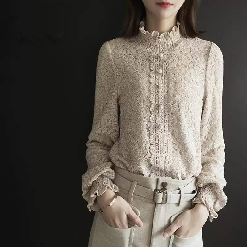 Dark Green Thick Shirt Wild Lace Bottoming Shirt Women's Inner Mesh Collar Blue Crochet Lace Shirts