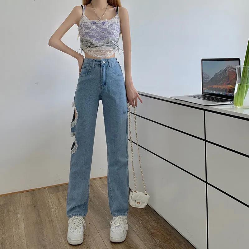 Love Heart Hole Stitching Jeans Loose Wide Leg Pants High Waist Korean Version of Straight Light Pants