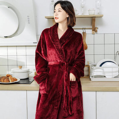 Night Gown Women Autumn and Winter Long Coral Fleece Plus Velvet Thick Bathrobe Flannel Men's Pajamas Winter Home Service