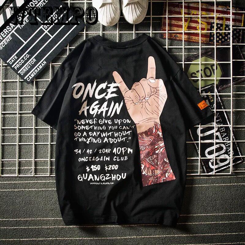 WTEMPO Letter Print Casual  T Shirts Men Short Sleeve Loose Streetwear Men T Shirt Harajuku