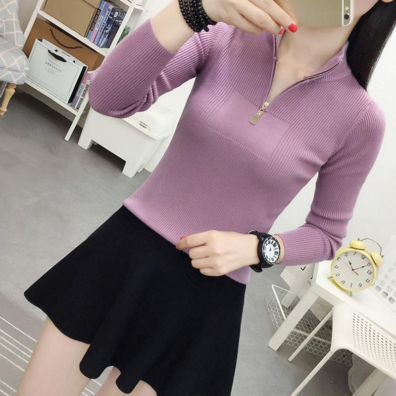 Autumn and Winter Knitted Solid Color Bottoming Shirt Zipper Short Slim Top Long Sleeve Simple Female Sweater