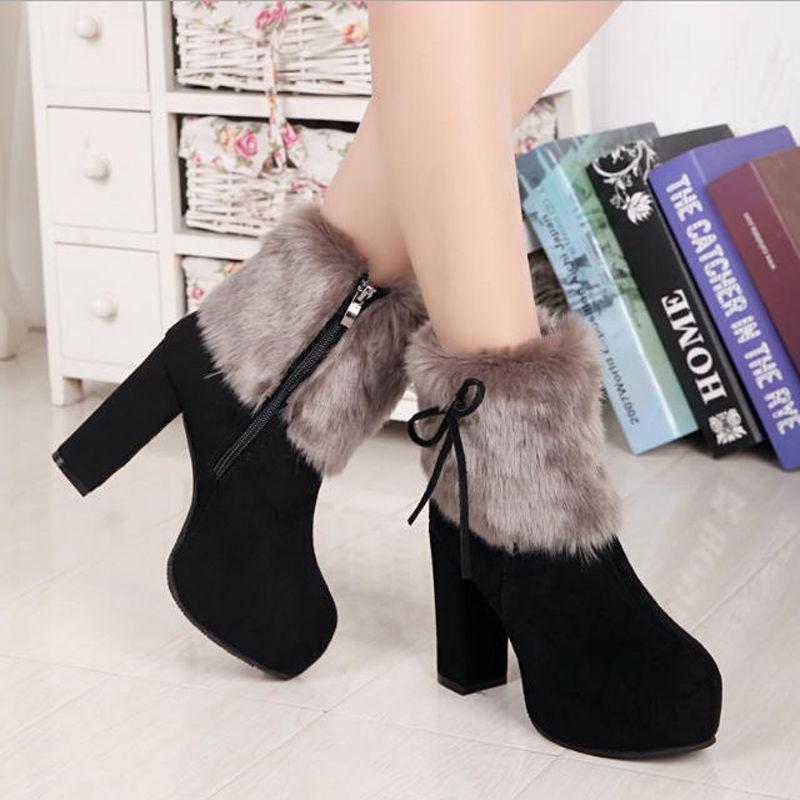 Winter Snow Boots High Heels Thick Bottom Middle Boots Cotton Shoes Black Plush Ladies Boots Women