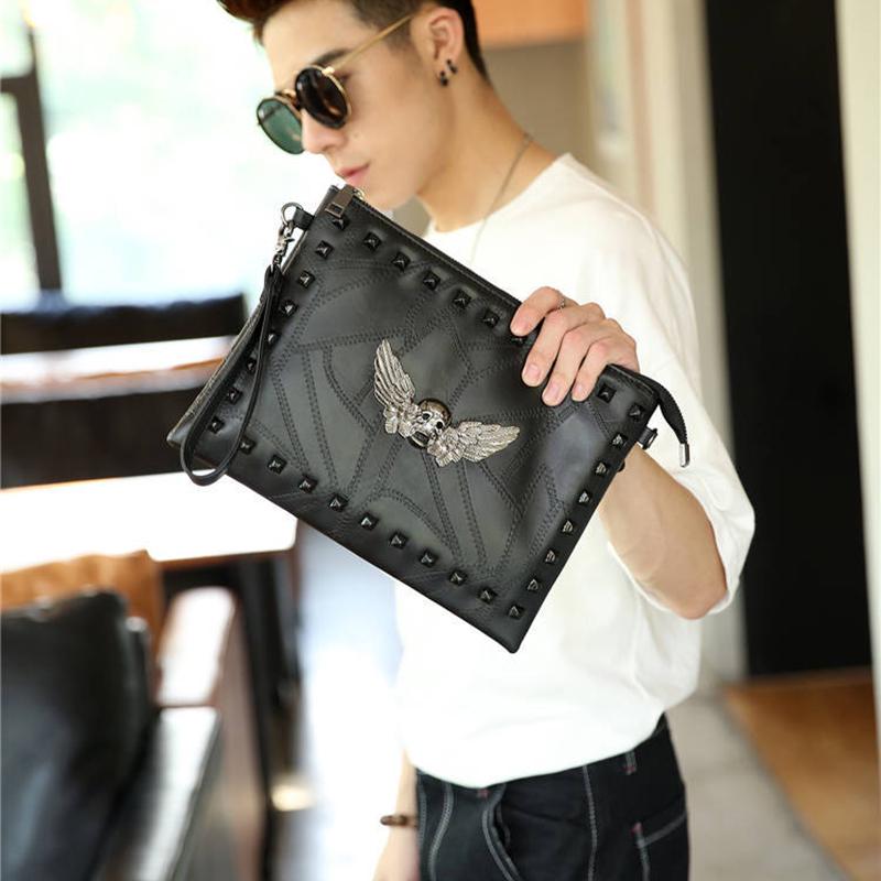 Business Briefcase Men Black Rivets Large Capacity Anti-theft Shoulder Crossbody Mobile Phone Bag