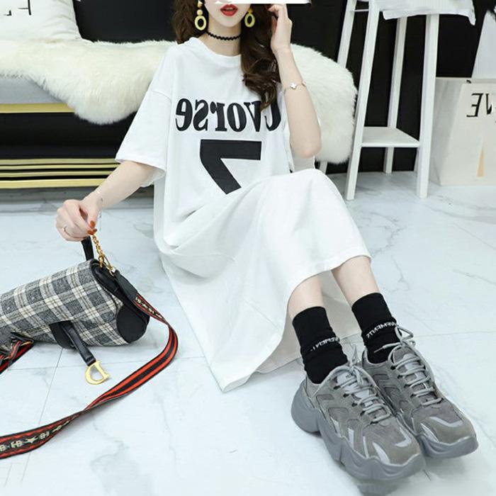 Summer Ladies' Long Skirts Women Dress Girl Loose O-Neck Casual Loose T-shirt Dress