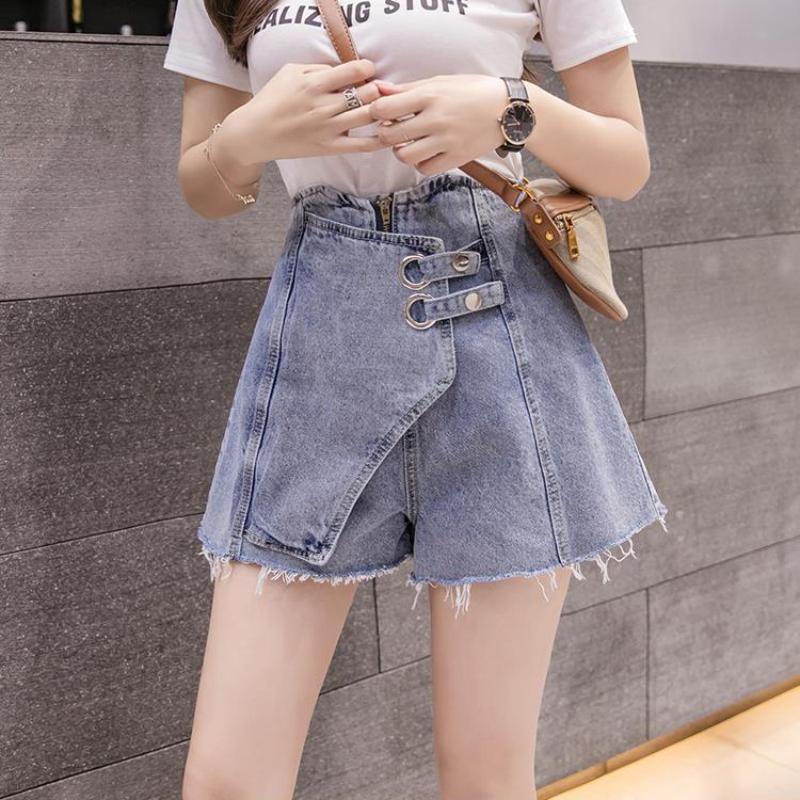 Women's High Waist Denim Shorts Summer Thin and Loose Korean Version of All-match Irregular Straight A-line Wide-leg Pants