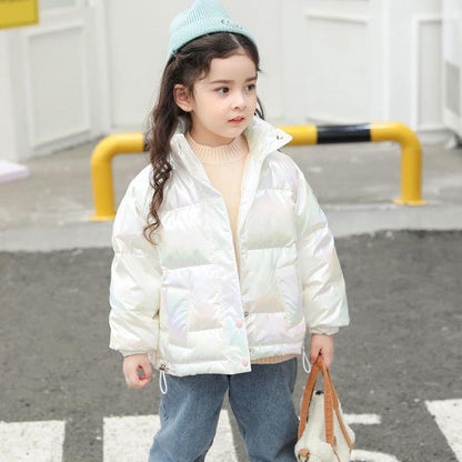 Girls' Shiny Warm and Windproof Cotton Jacket Fleece Padded Hooded Winter Padded Jacket