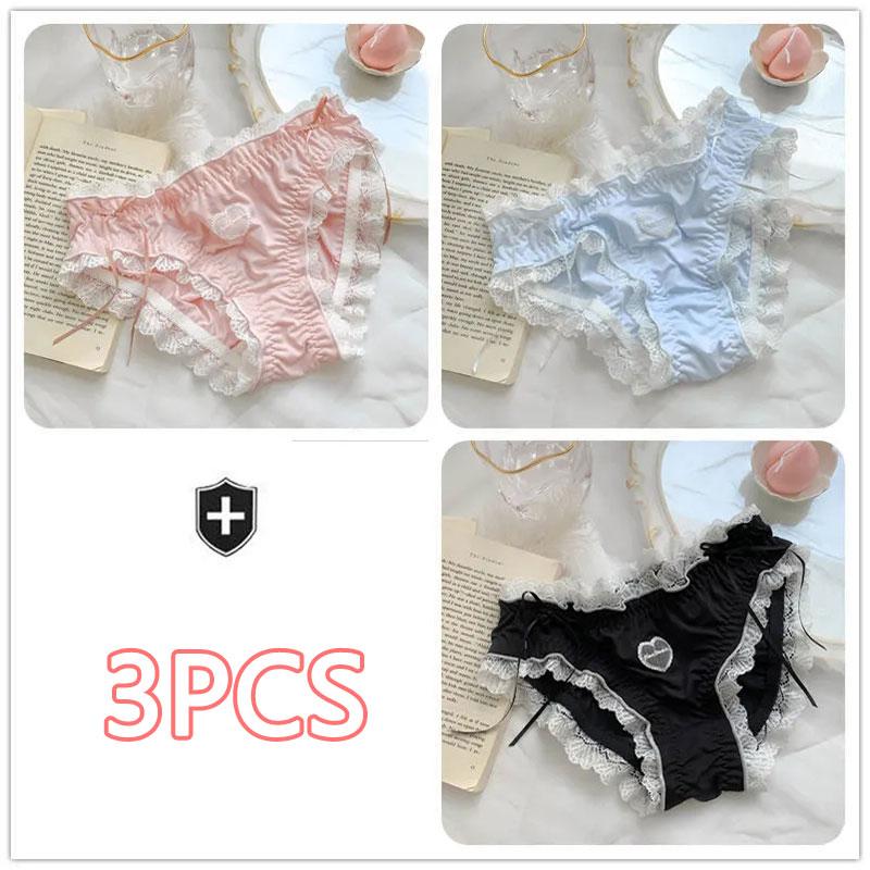 3PCS Cute Lolita Pure Desire Panties Ladies Pink Panties Female Cotton Crotch Antibacterial Japanese Girls Student Lace Briefs