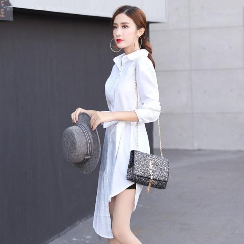 S-XXXXXL T-shirt Dress with Belt Loose Turn-down Collar Casual Long Sleeve Buttons Women Dress Irregular Split Fork