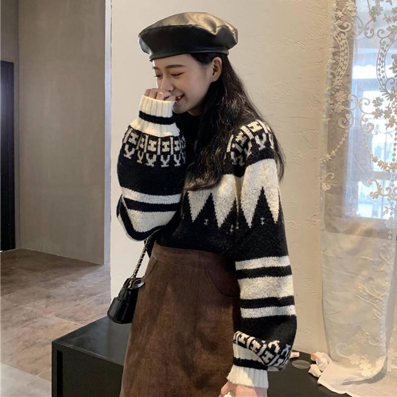 Pofulove Autumn Winter Loose Retro Short Sweater Women Thick Pullover Students Long Sleeve Women