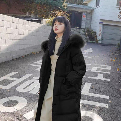 Autumn and Winter Fluffy Big Fur Collar Down Padded Jacket Women's Mid-length Plus Size Loose Padded Padded Over-knee Bread Jacket Padded Jacket