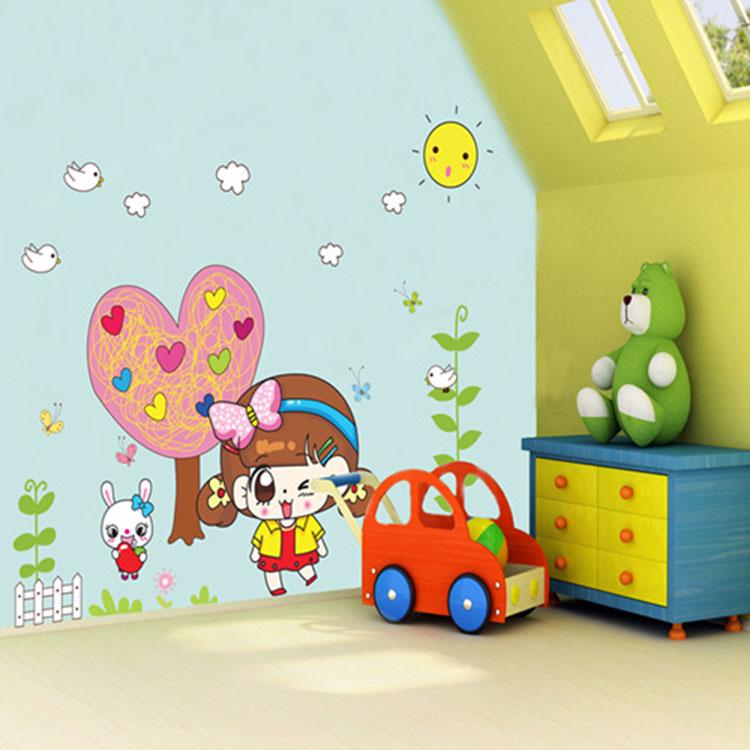 Living room cartoon romantic bedroom decor bird pink removable TV background wall sticker
