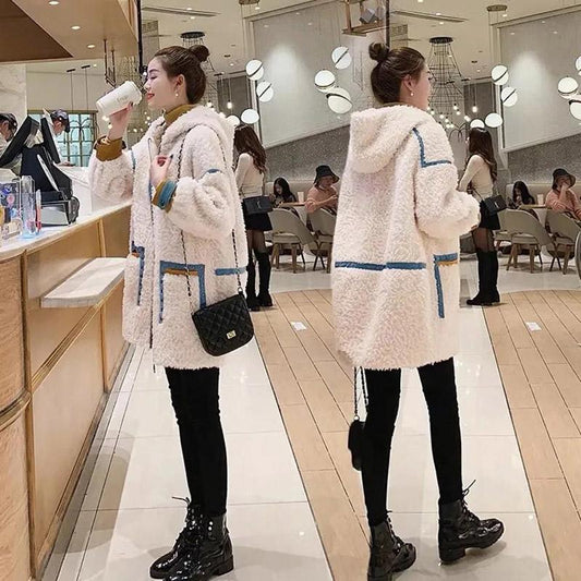 Autumn and Winter Lamb Fur Coat Hooded Thickened Fleece Jacket Mid-length Women's Fur Coat