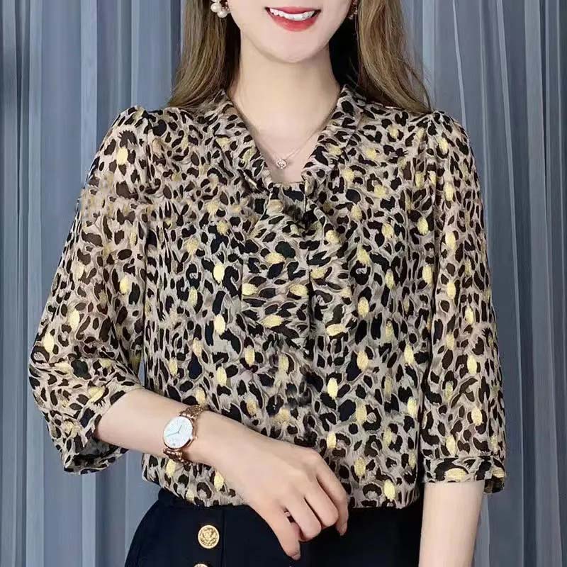 Women Chiffon Blouses Shirts Lady Casual Half Sleeve Bow Tie Collar Printed Blouses Tops Spring Summer Blouse Women Clothing