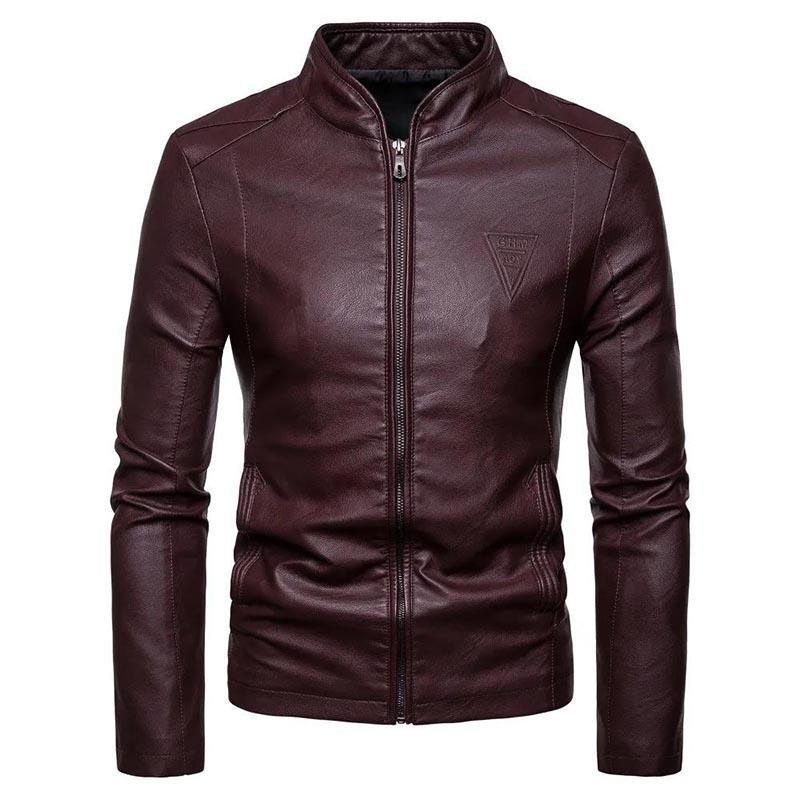 Men's Slim Stand Collar Leather Top Casual Waterproof Leather Jacket