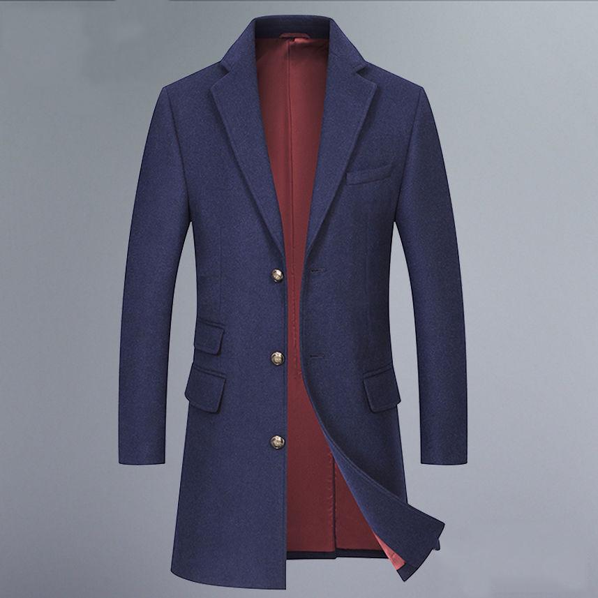 Men Casual Coat Woolen Trench Coat Business Male Solid Overcoat Med- Long Jackets Tops Men's Jacket