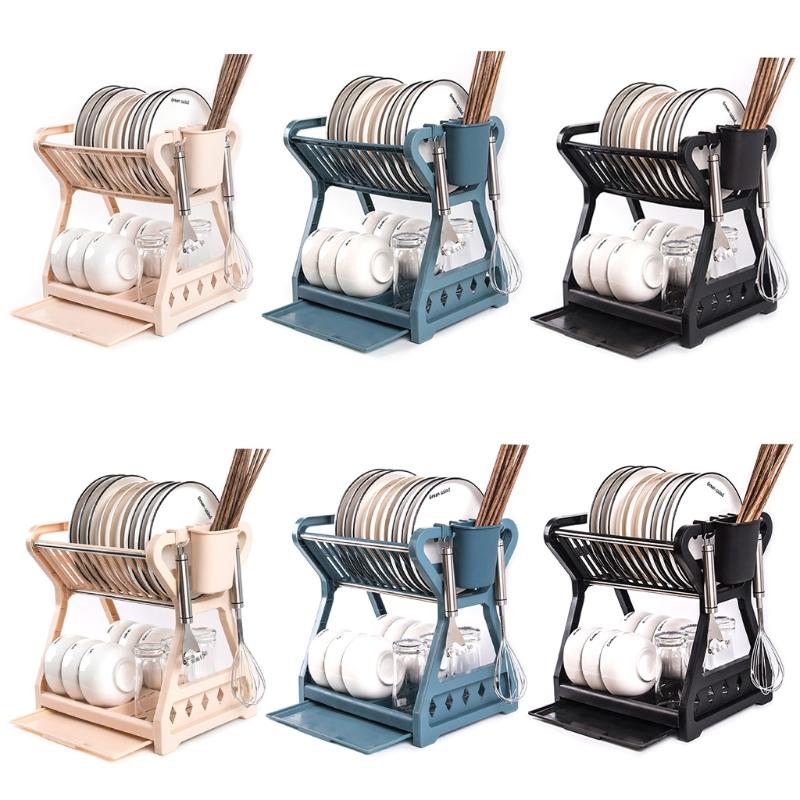 Double-layer Kitchen Dish Bowl Draining Storage Rack Basket with Chopstick Cage