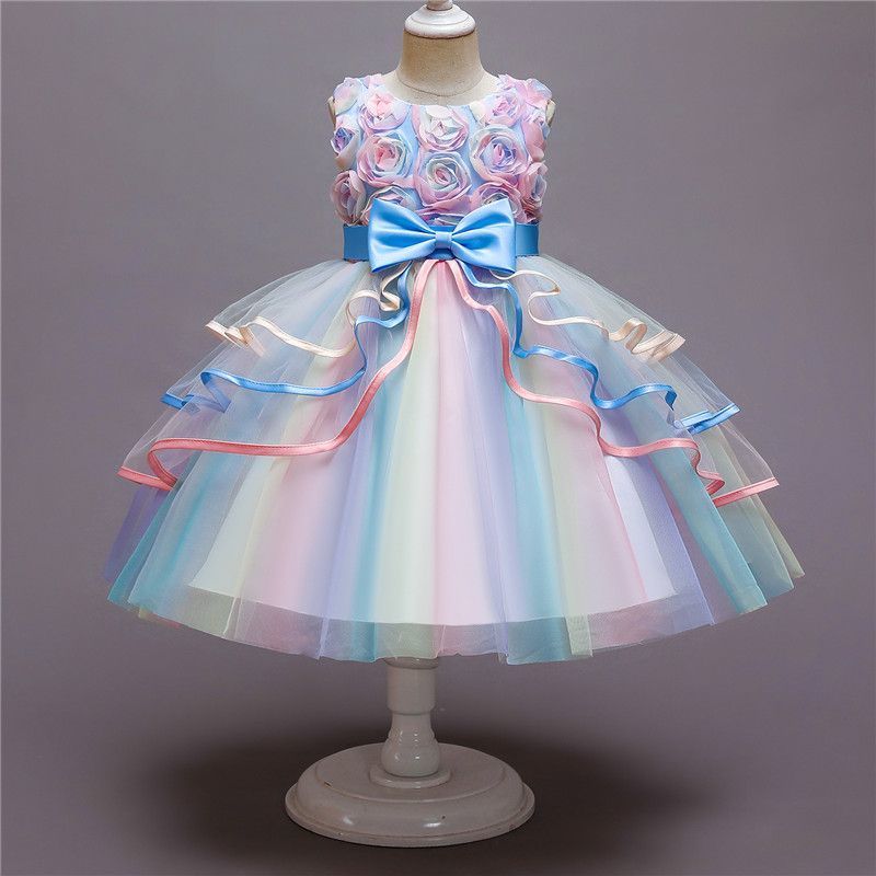 Kids Unicorn Dress for Girls Flower Appliques Gown Little Girl Sleeveless Princess Dresses Elegant Party Costumes Children Clothing