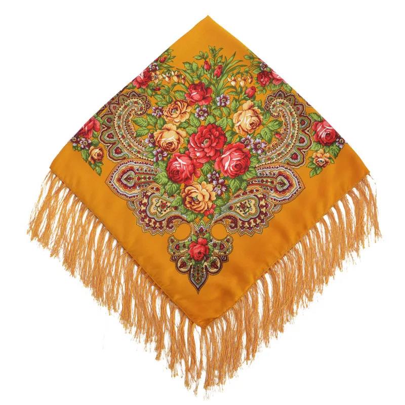 Muslim Women's Autumn Winter Pullover Scarf Cotton Printed Fringe Multifunctional Square Scarf Ethnic Wind Sand-proof Shawl Embroidery Tassels Scarves