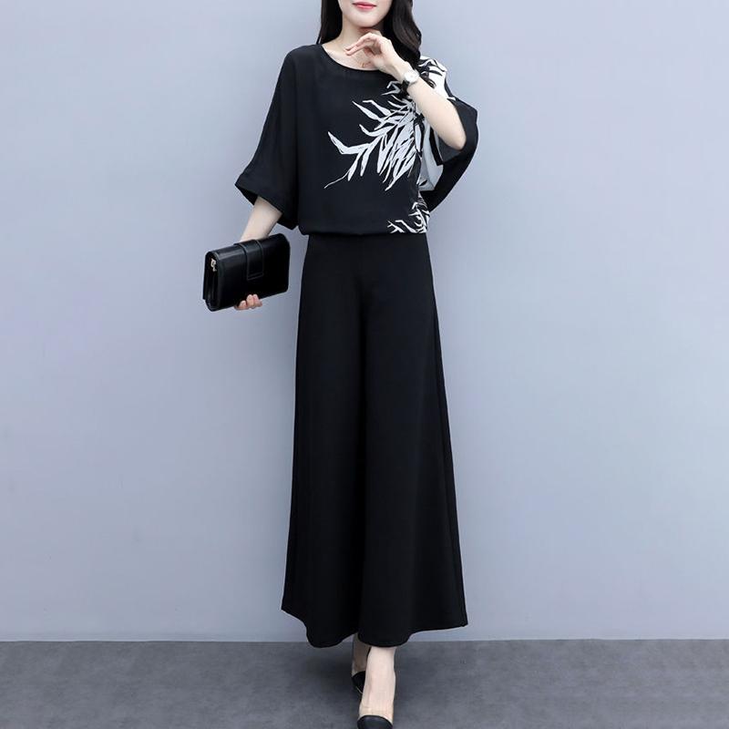 Women's Black Two-piece Wide-leg Trousers Printed Belly Slimming Shirt Casual Suit Women's Plus Size Temperament Casual Loose Suit
