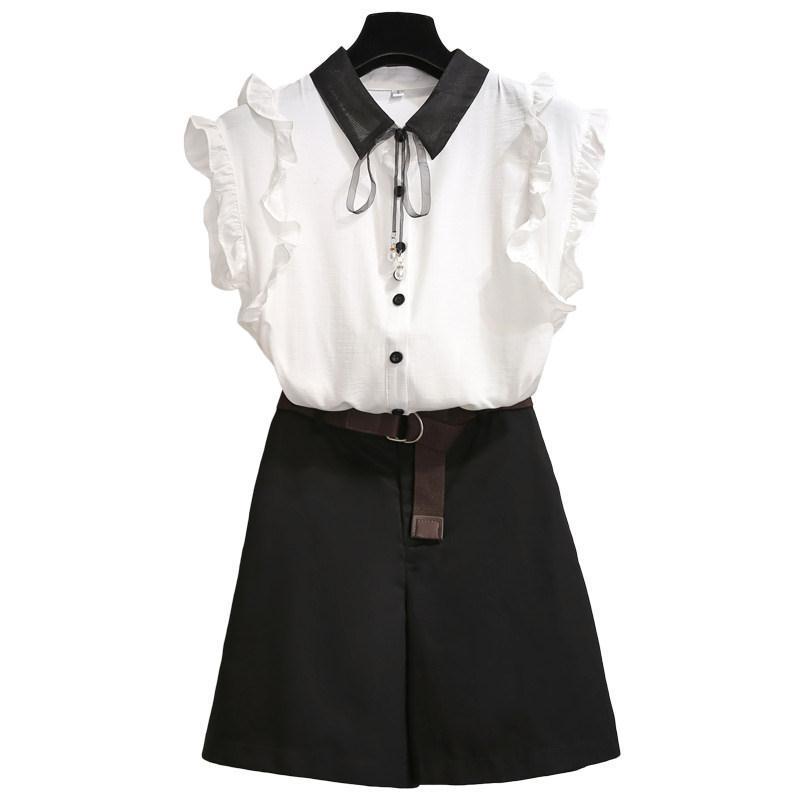 Pofulove Skirt Set Summer Lady Sleeveless  Bowknot Shirt Wide-leg Shorts L Two-piece Set for Work