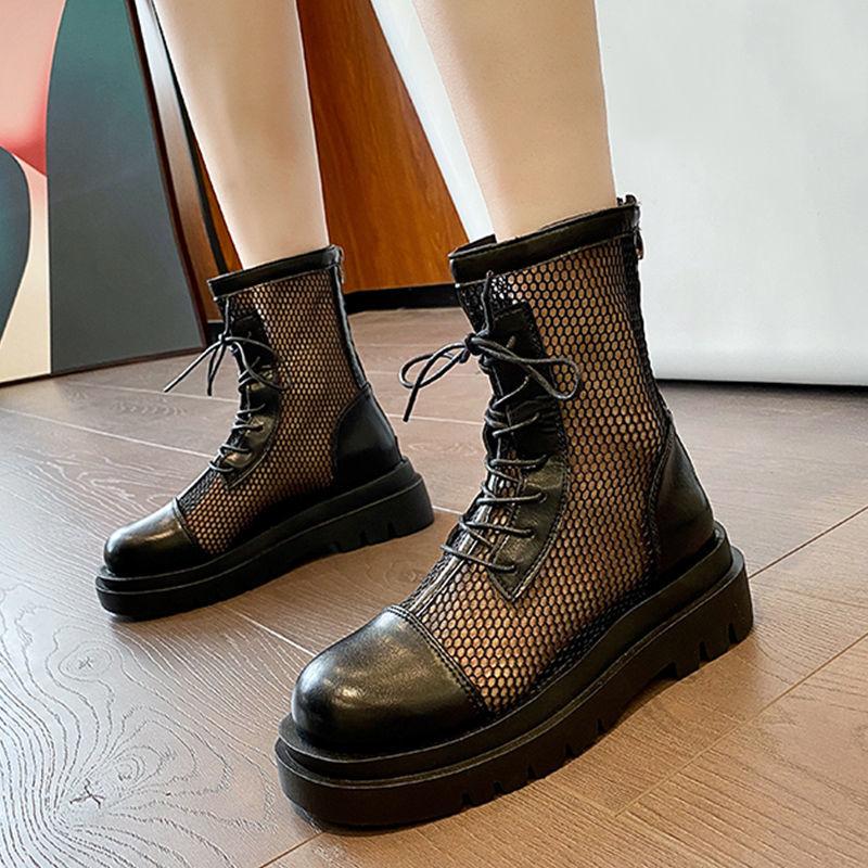 Women's Soft Leather Mesh Martin Boots Summer Sandals All-match Back Zipper Flat Ankle Boots
