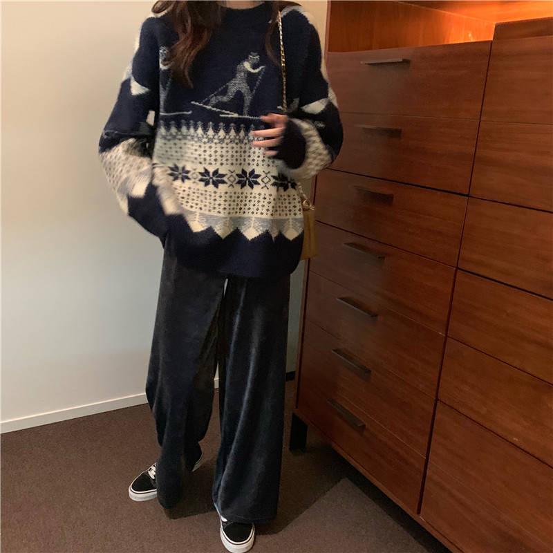 Pofulove Autumn Winter Sweater Loose Women's Fashion Wear Wild Diamond-shaped Pullover Retro Top